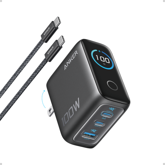 Anker 100W Cargador Tipo C 3 Puertos | Pantalla Inteligente con Cable USB C